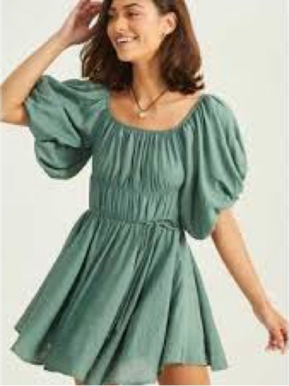 Altar'd State Sage Green Puff-Sleeve Smocked Mini Dress